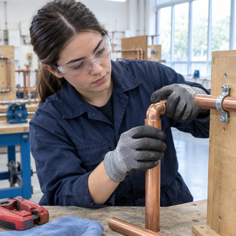 Apprentice in safety glasses fitting a copper elbow to a pipe on a training board