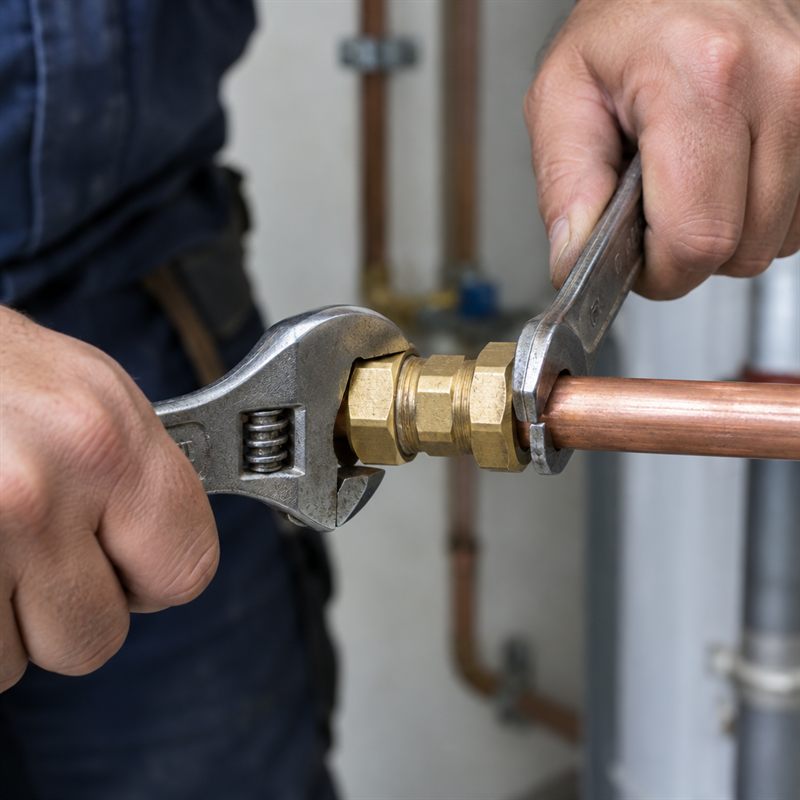 Hands tightening a brass compression fitting on copper pipe with two spanners