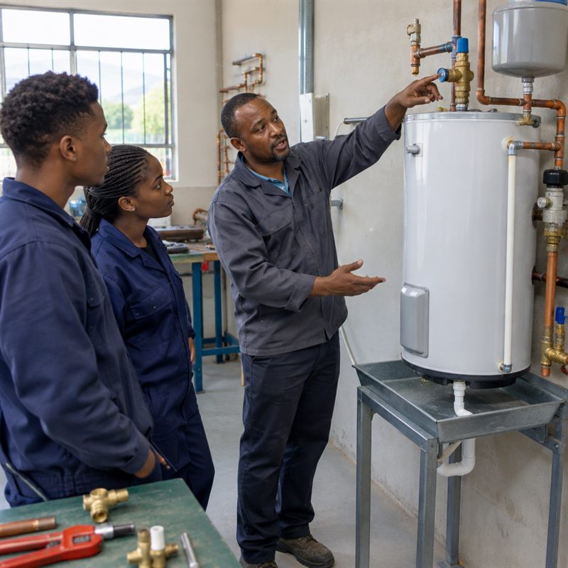 Instructor explaining the valves on a geyser to two plumbing students