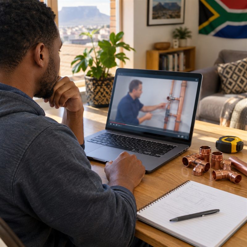 Student watching a plumbing video lesson on a laptop with copper fittings on the desk