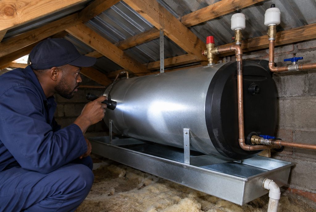 Plumber inspecting a geyser installed on a drip tray in a roof space