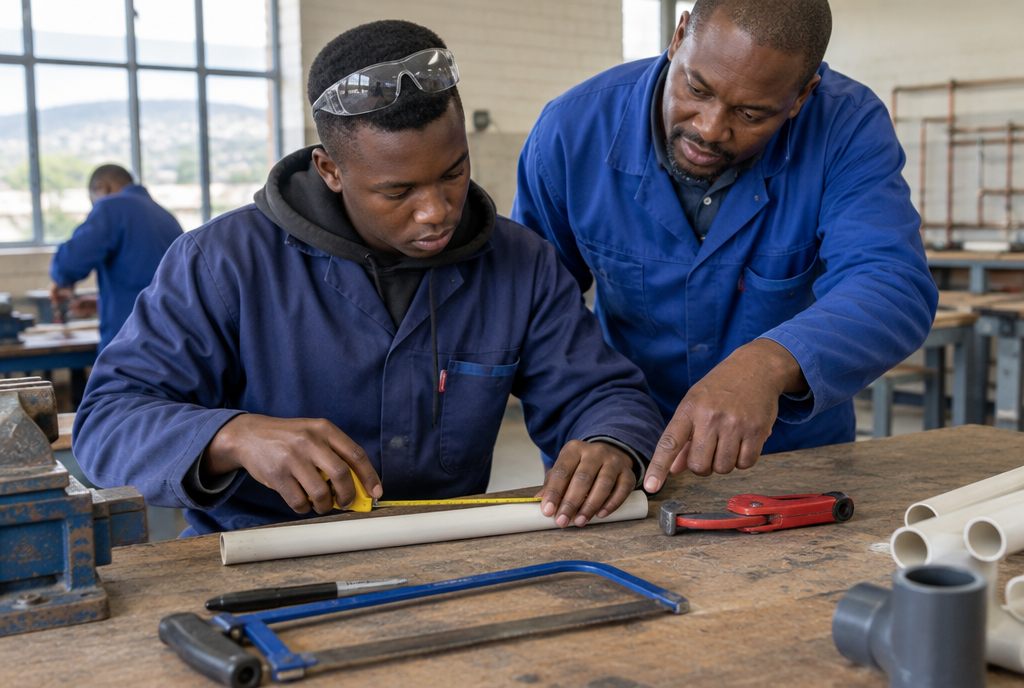 Student measuring a length of PVC pipe while a tutor points to the cutting mark