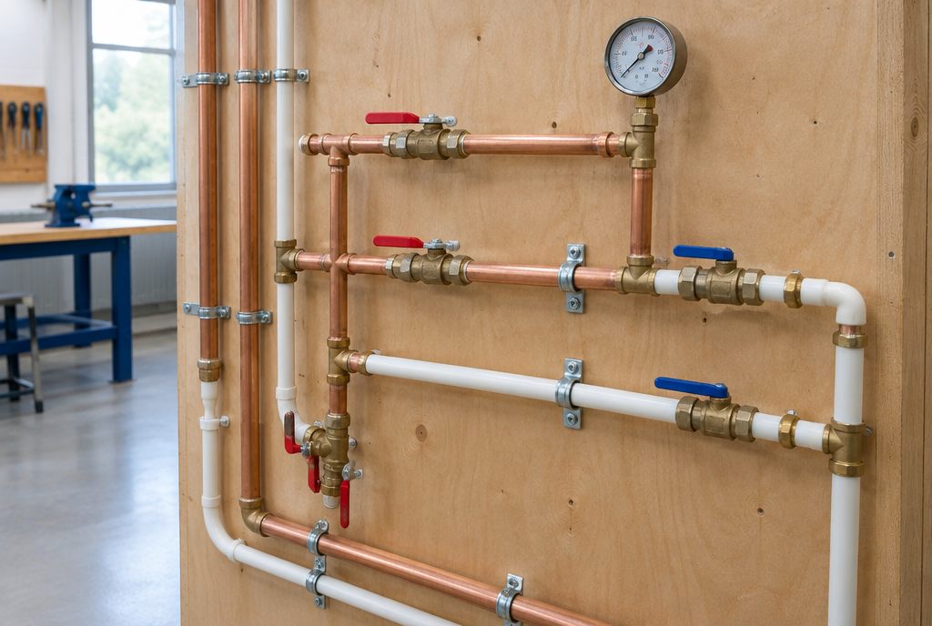Copper and multilayer supply pipes with ball valves and a pressure gauge on a training board