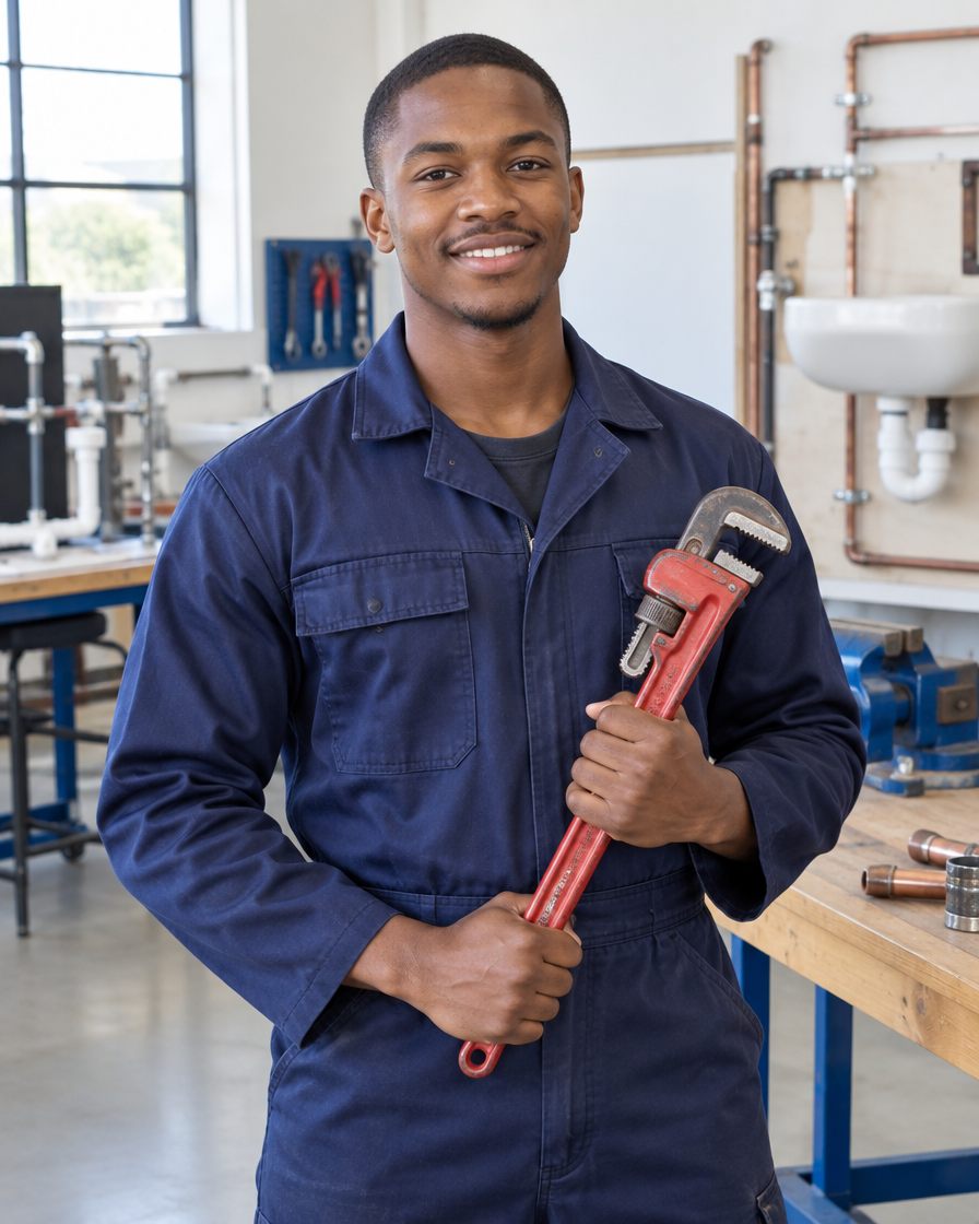 Smiling young plumber in navy overalls holding a red pipe wrench in a training workshop