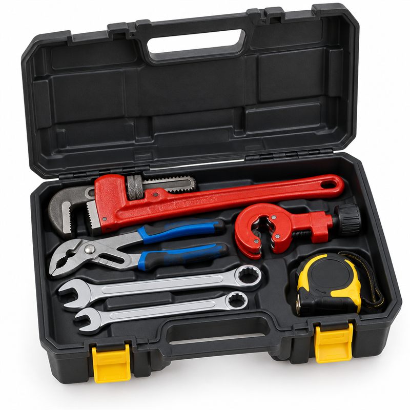 Apprentice tool kit in a carry case with pipe wrench, pipe cutter, pliers, spanners and tape measure