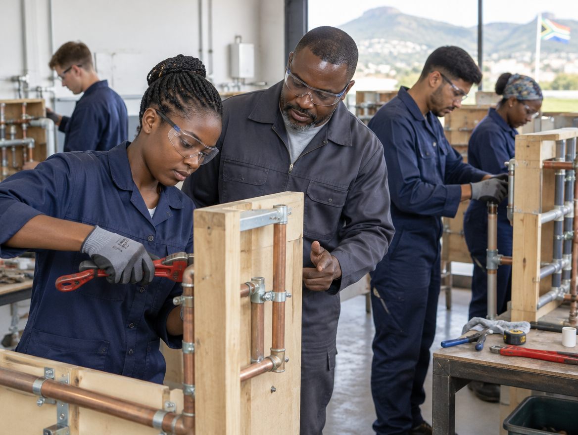 Instructor watching a trainee tighten copper pipework on a practice rig while other trainees work behind