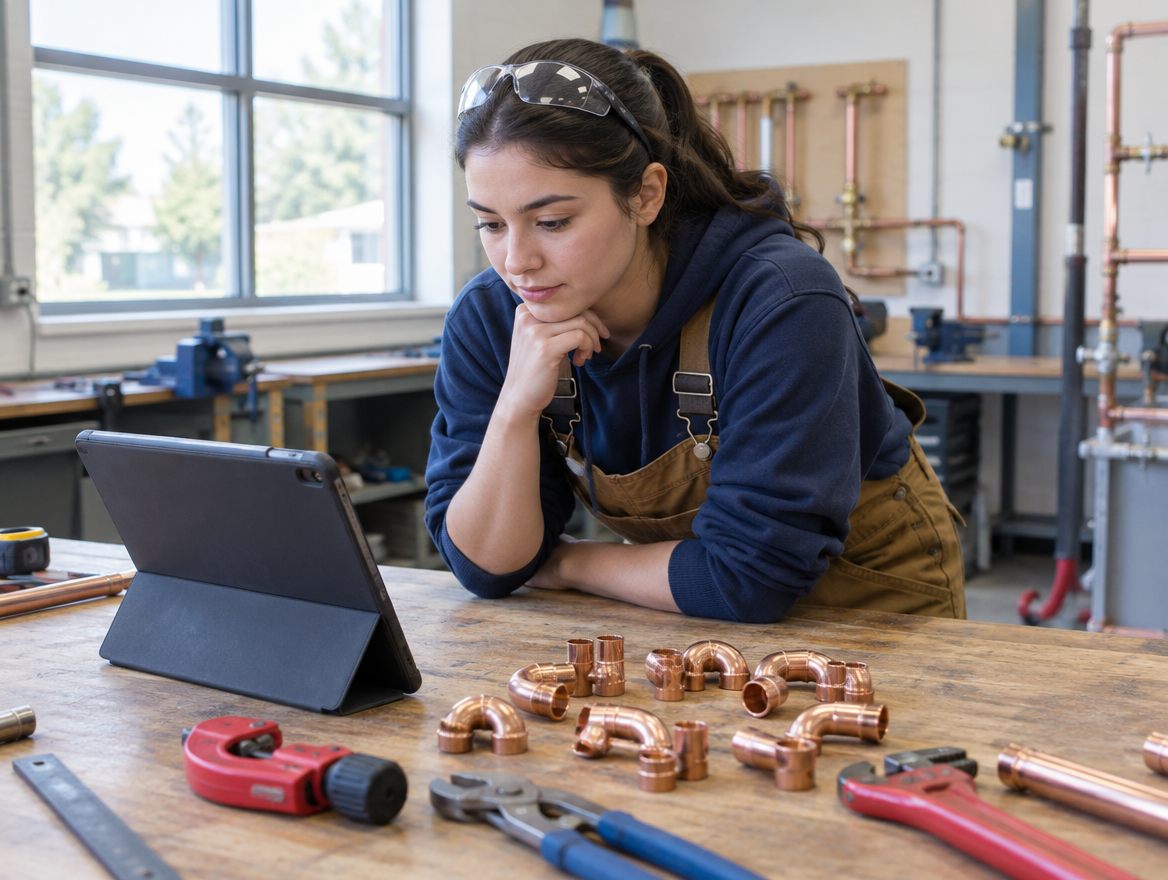 Student watching a plumbing lesson on a tablet at a workbench laid out with copper fittings and tools